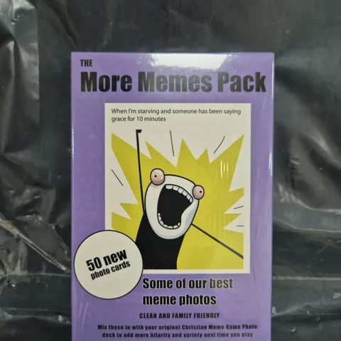 BOX OF APPROXIMATELY 40 SEALED MORE MEMES PHOTO CARD PACKS FOR THE CHRISTIAN MEME GAME