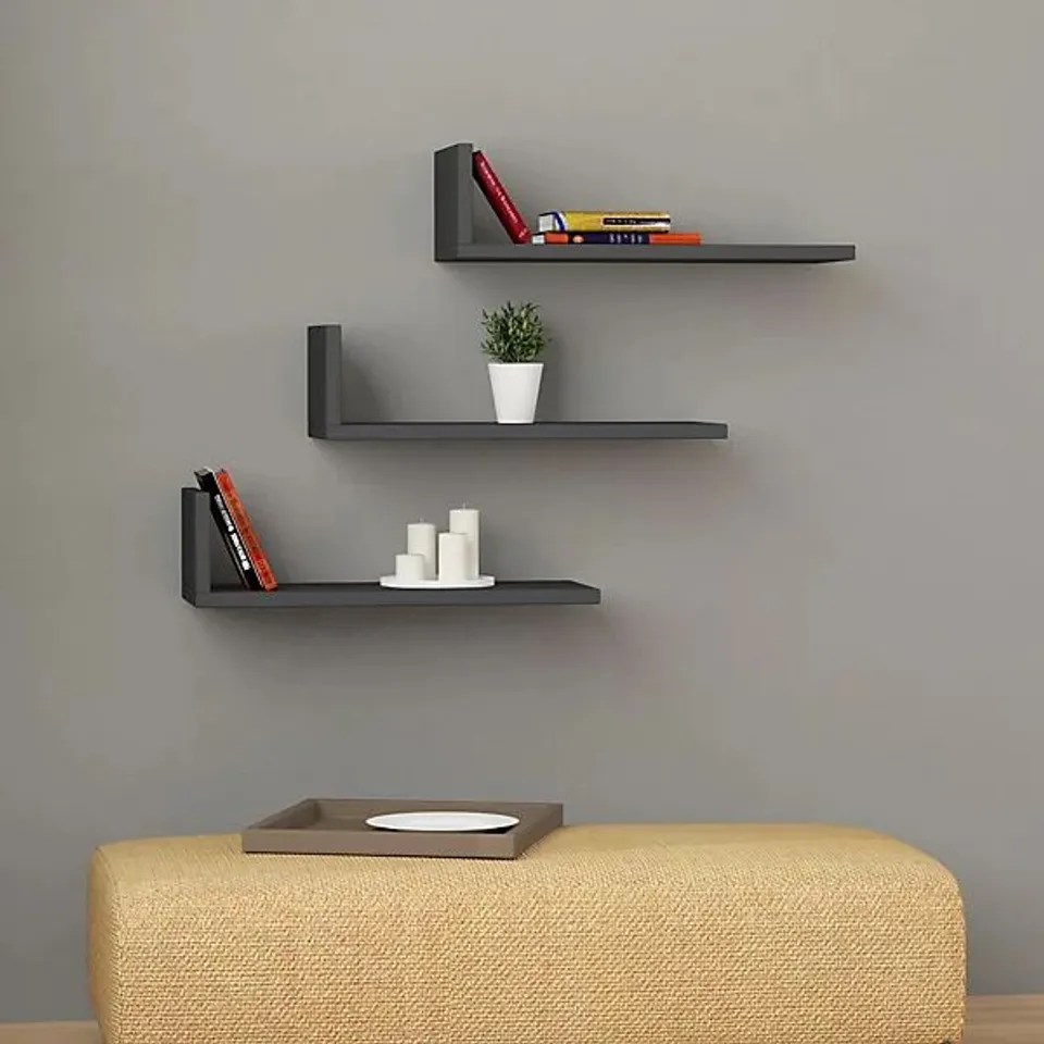 BOXED DECORTIE L-SHAPE WALL-MOUNTED FLOATING SHELF SET 3-PIECE MODERN DISPLAY UNIT (1 BOX) 