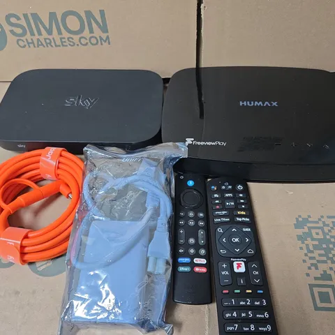 APPROXIMATELY 10 ASSORTED HOUSEHOLD ITEMS TO INCLUDE SKY BOX, REMOTE CONTROLS AND ASSORTED CABLES