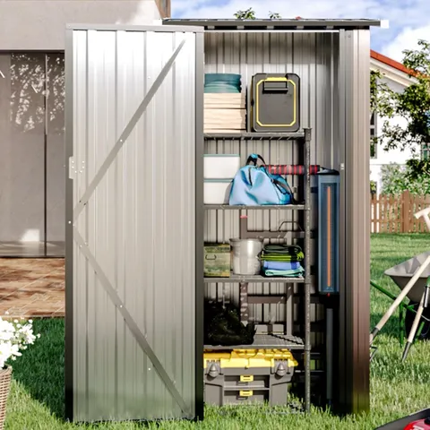 BOXED AOXUN 30X21 IN OUTDOOR STORAGE CABINET METAL GARDEN SHED, INDOOR& OUTDOOR WATERPROOF VERTICAL STORAGE SHED FOR PATIO GARDEN, GARAGE, PORCH (BROWN, 22 CU.FT)