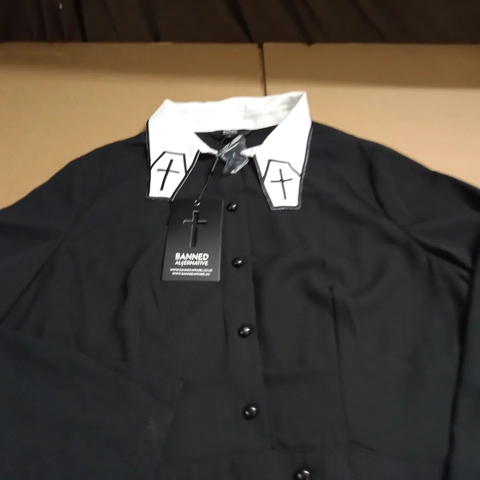 LOT OF 5 BLACK BANNED ALTERNATIVE SHIRTS WITH WHITE EMBROIDERED COLLARS - VARIOUS SIZES