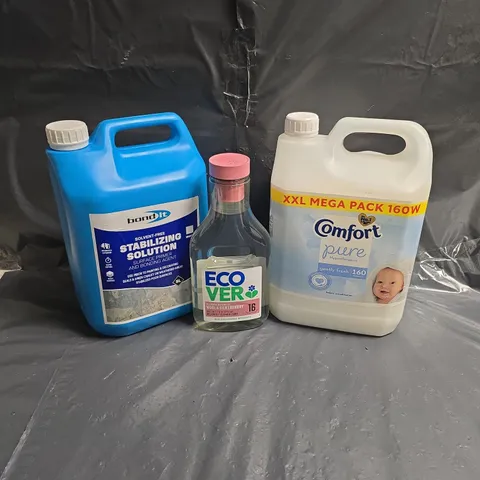 LOT OF 3 ASSORTED LARGE LIQUIDS TO INCLUDE - COMFORT PURE FABRIC CONDITIONER - BOND IT STABILIZING SOLUTION - ECOVER WOOL & SILK LAUNDRY DETERGENT