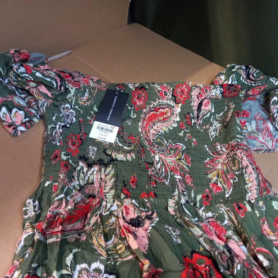 DOROTHY PERKINS KHAKI/FLORAL OFF SHOULDER MIDI SHOULDER - SIZE 10