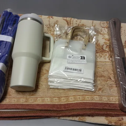 APPROXIMATELY 20 ASSORTED HOUSEHOLD ITEMS TO INCLUDE THERMAL FLASK, JIU JITSU BELTS, RUG, ETC