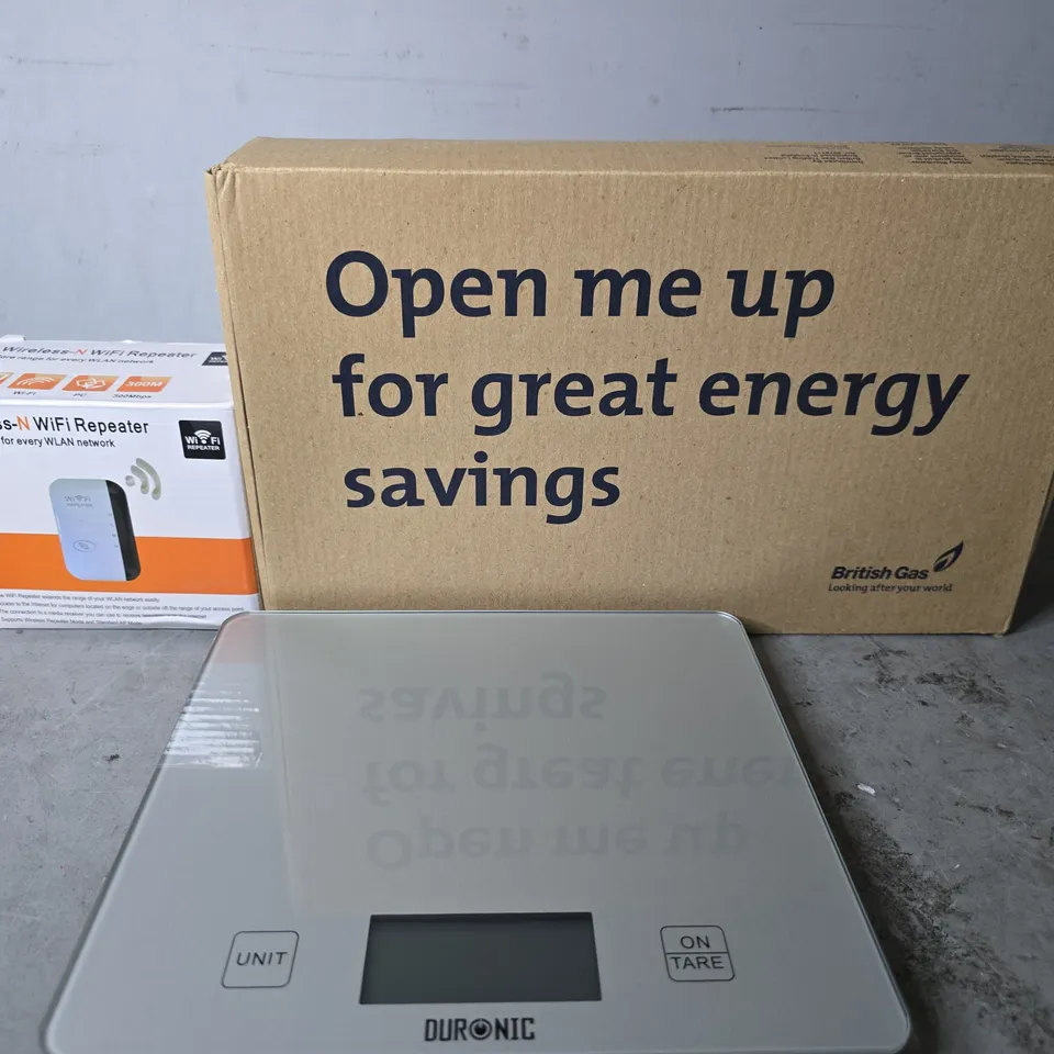 APPROXIMATELY 3 ASSORTED ITEMS TO INCLUDE -OURONIC KITCHEN SCALE , WI-FI REPEATER , BRITISH GAS MONITOR 