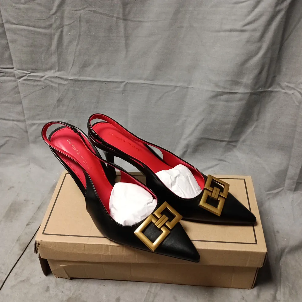 ON FEET AND IN LOVE BRANDED WOMEN'S BLACK LEATHER SLINGBACK HEELS WITH GOLD BUCKLE – SIZE 39