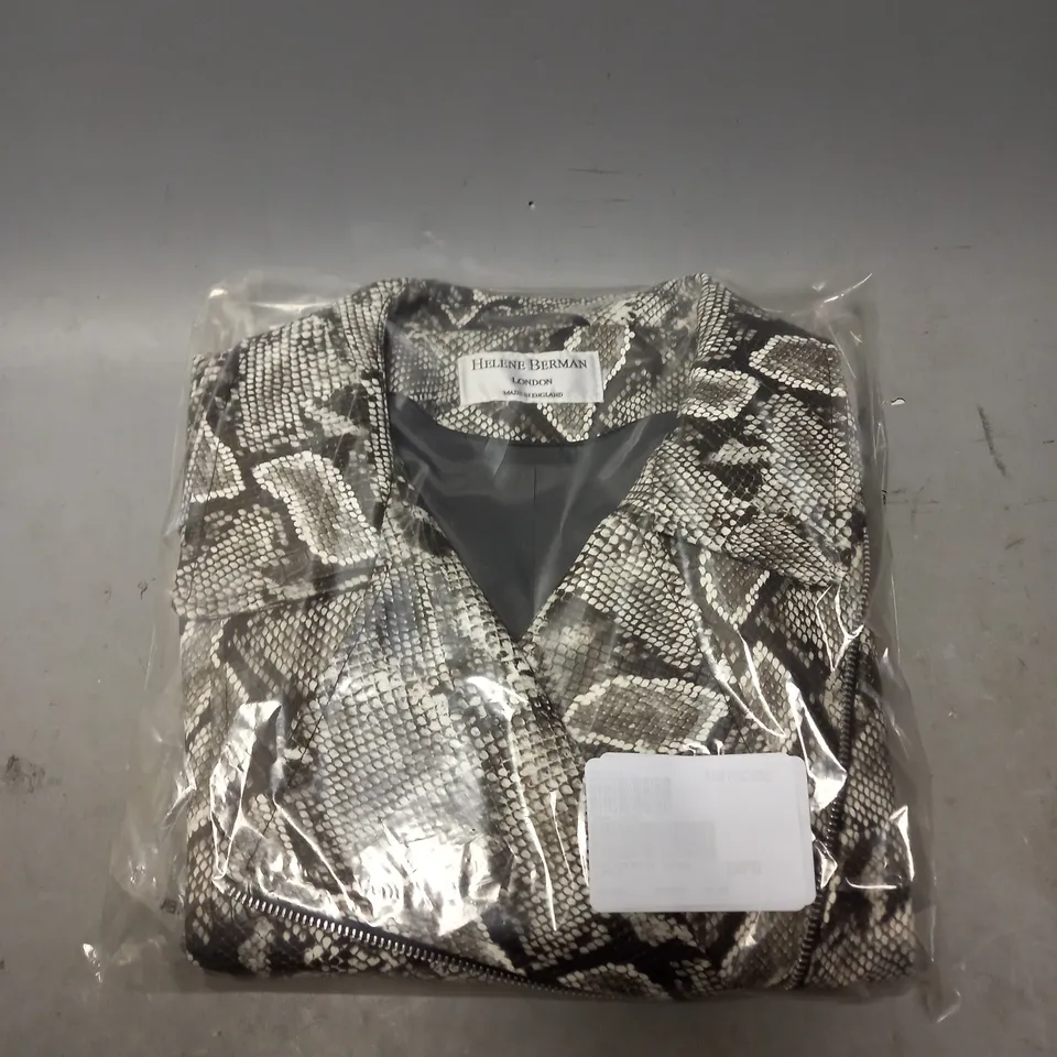 BOXED HELENE BERMAN FAUX LEATHER BIKER JACKET IN GREY SNAKE SIZE 16