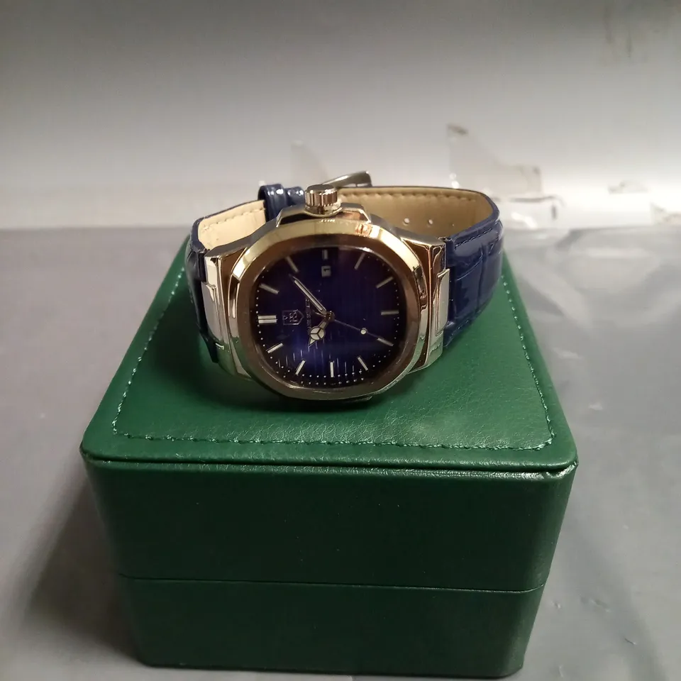 FRANK SCHMIDT MENS TEXTURED DIAL DATED WATCH WITH LEATHER STRAP IN BLUE