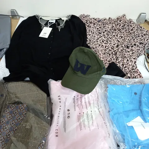 LARGE BOX OF ASSORTED CLOTHING ITEMS IN VARIOUS COLOURS AND SIZES INCLUDING TROUSERS , TOPS AND JUMPERS