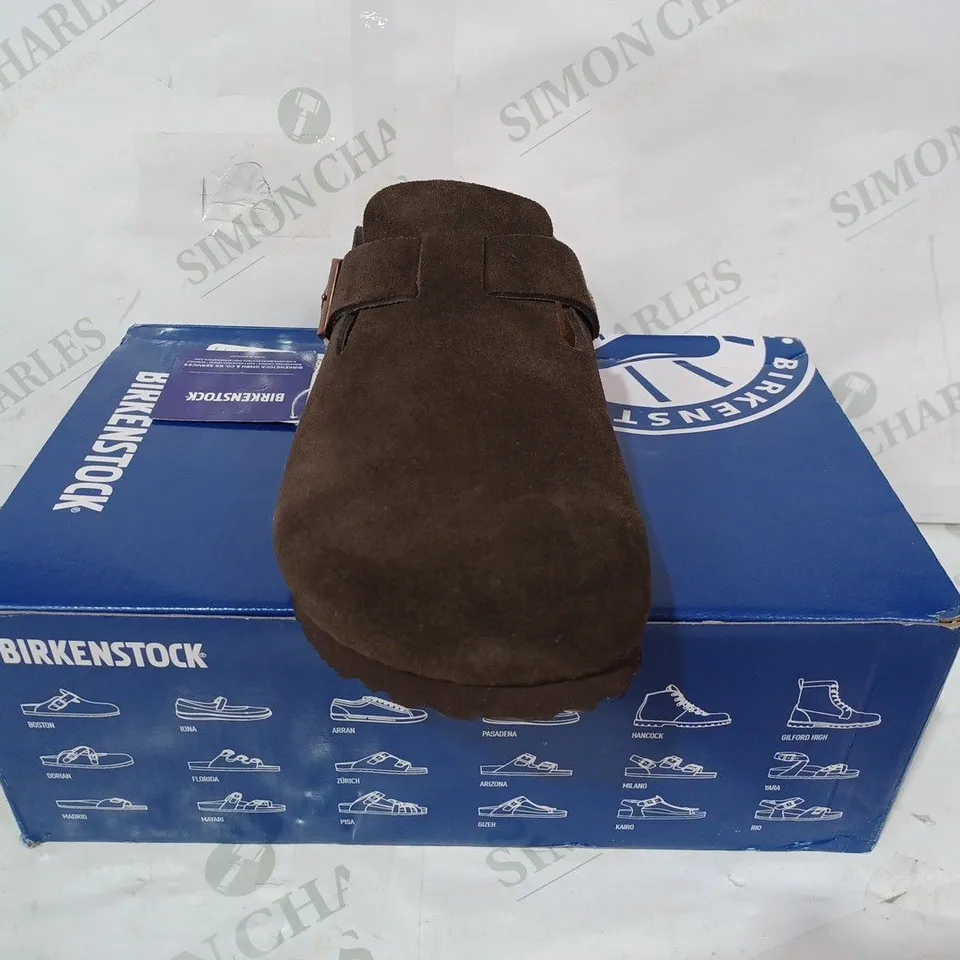 BOXED PAIR OF BIRKENSTOCK FAUX SUEDE SLIP-ON SHOES IN BROWN EU SIZE 44