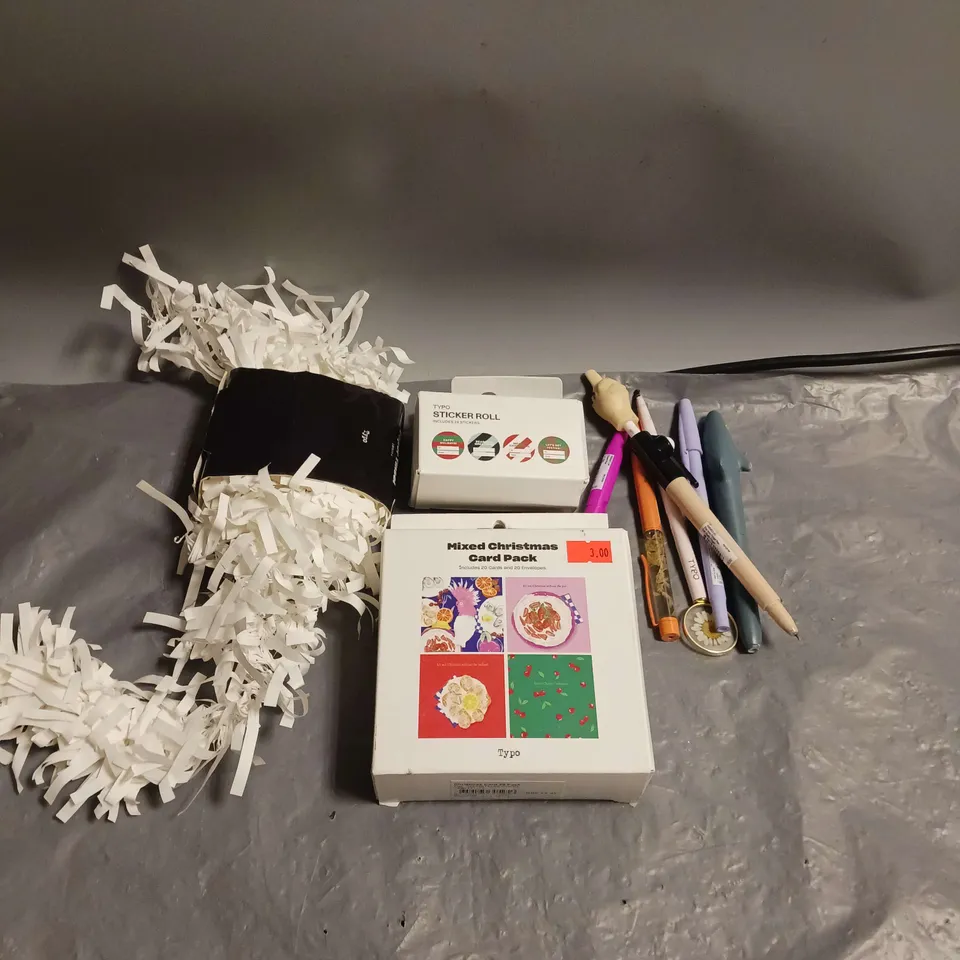 MEDIUM BOX OF APPROXIMATELY 20 ASSORTED HOUSEHOLD ITEMS TO INCLUDE STICKER ROLLS, CARDS AND ASSORTED PENS