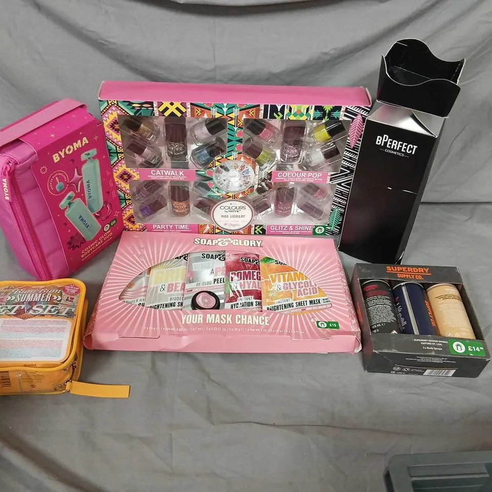SIX ASSORTED COSMETICS GIFT SETS TO INCLUDE; CAT WALK, BPERFECT, SUPERDRY, SOAP AND GLORY AND BYOMA