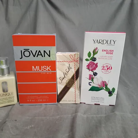 LOT OF APPROXIMATELY 10 BEAUTY AND FRAGRANCE PRODUCTS TO INCLUDE JOVAN MUSK MAN, CLINIQUE GEL AND YARDLEY SOAP 