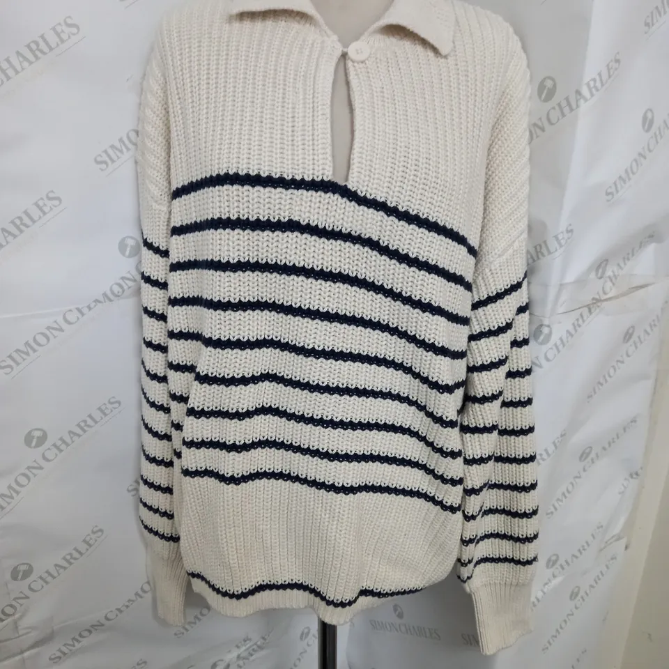 ZARA COLLARED OPEN FRONT KNITTED JUMPER IN CREAM AND BLACK STRIPE SIZE M