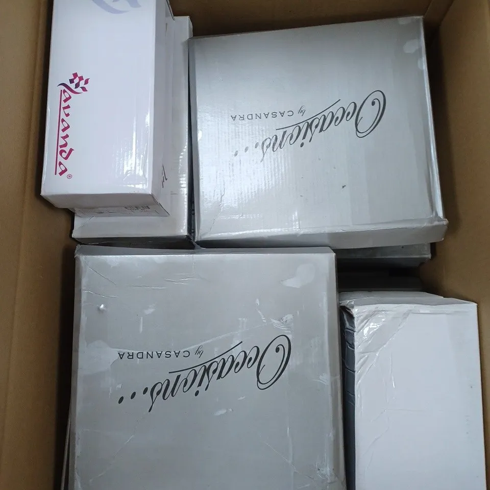 BOX OF APPROXIMATELY 12 PAIRS OF SHOES TO INCLUDE LOW BLACK SHOES, GEM HEELS, LOW GOLD HEELS ETC