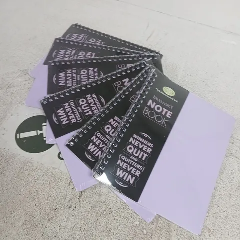NOTEBOOK SET – SPIRAL-BOUND, PURPLE BACKS WITH BLACK COVERS AND 'WINNERS NEVER QUIT' MOTTO (6 NOTEBOOKS)