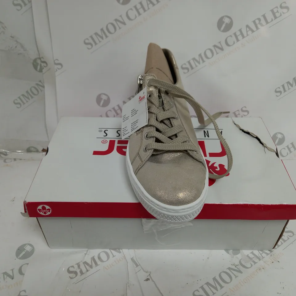 BOXED PAIR OF RIEKER GOLD METALLIC TRAINERS - SIZE 6.5