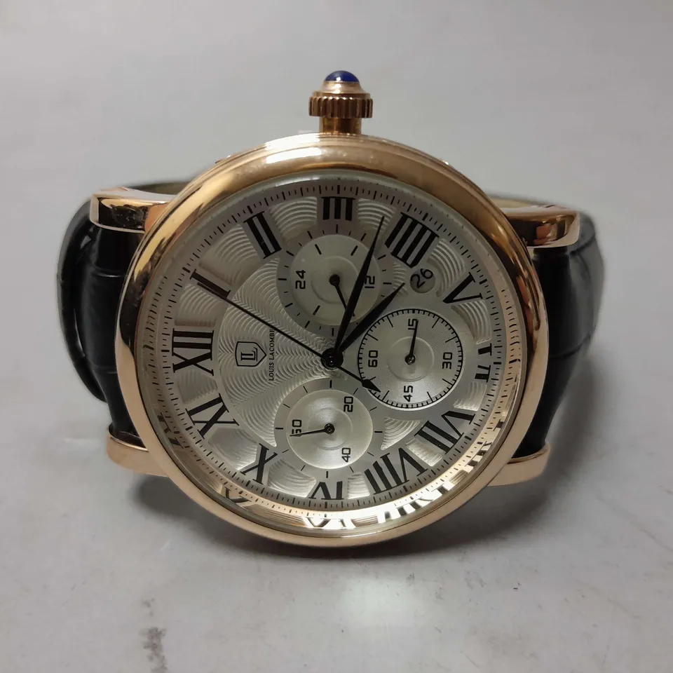 MENS LOUIS LACOMBE CHRONOGRAPH WATCH – MULTI FUNCTION DIAL WITH DATE – ROMAN NUMERAL DIAL – LEATHER STRAP 