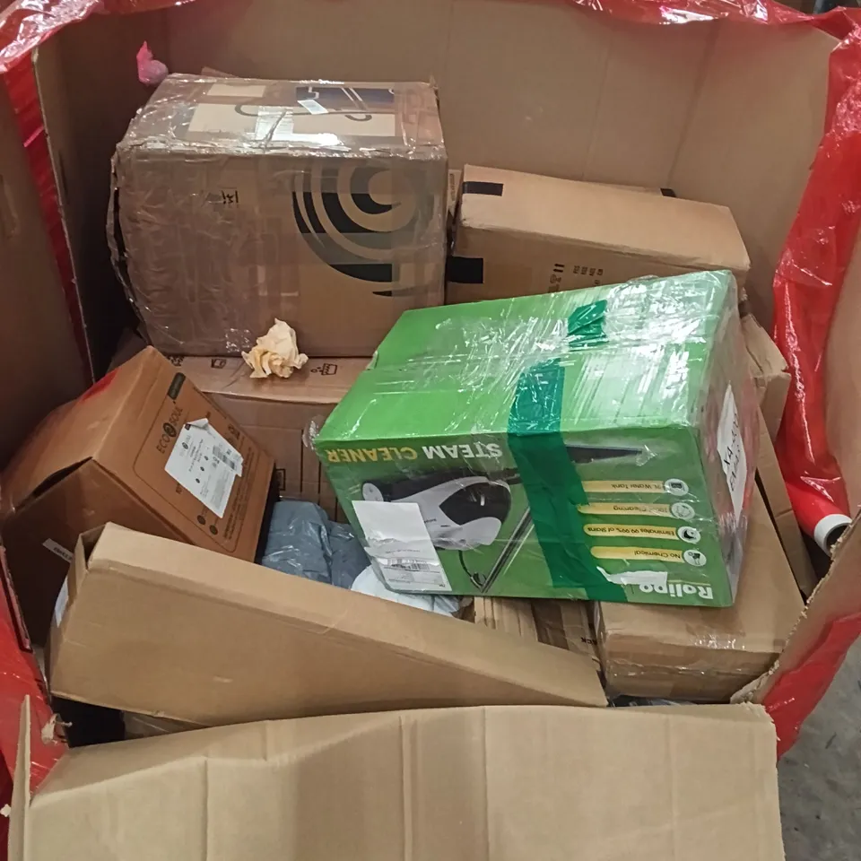 PALLET OF ASSORTED HOUSEHOLD GOODS AND PRODUCTS TO INCLUDE; STEAM CLEANER, DINING ACCESSORIES, BOXED FURNITURE ETC