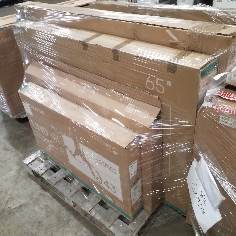 PALLET OF FIVE ASSORTED WAREHOUSE DAMAGED TV'S TO INCLUDE;