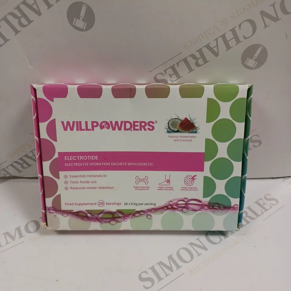 BOXED SEALED WILLPOWDERS ELECTROTIDE HYDRATION SACHETS - 28 X 6.5G WATERMELON & COCONUT
