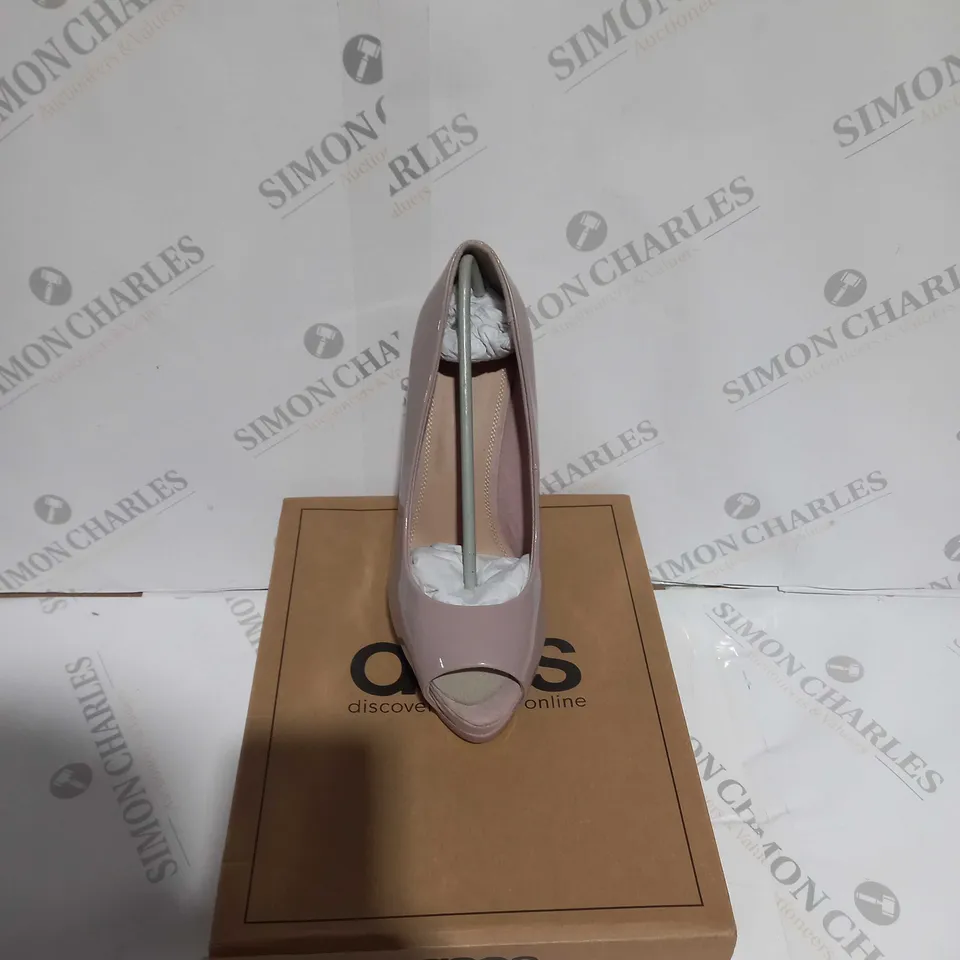 BOXED PAIR OF ASOS WARM TAUPE PATENT PLAYFUL PLATFORM HIGH HEELS 