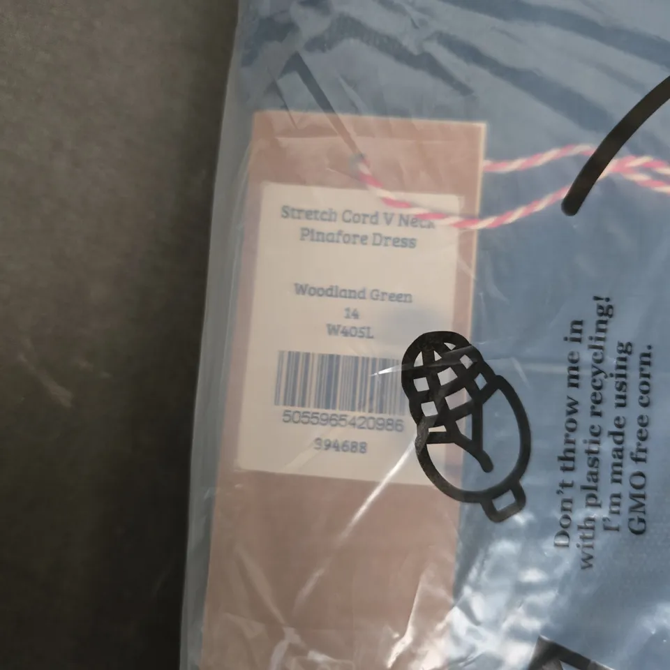 BAGGED WOOLOVERS STRETCH CORD V-NECK PINAFORE DRESS - WOODLAND GREEN, UK SIZE 14