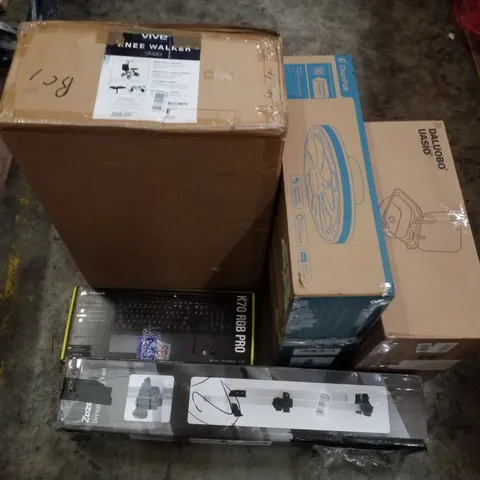 PALLET CONTAINING ASSORTED PRODUCTS INCLUDING KNEE WALKER, LED CEILING FAN LIGHT, CORSAIR K70 RGB PRO KEYBOARD, DRYWALL CUTTING TOOL & SINGLE SINK BOWL