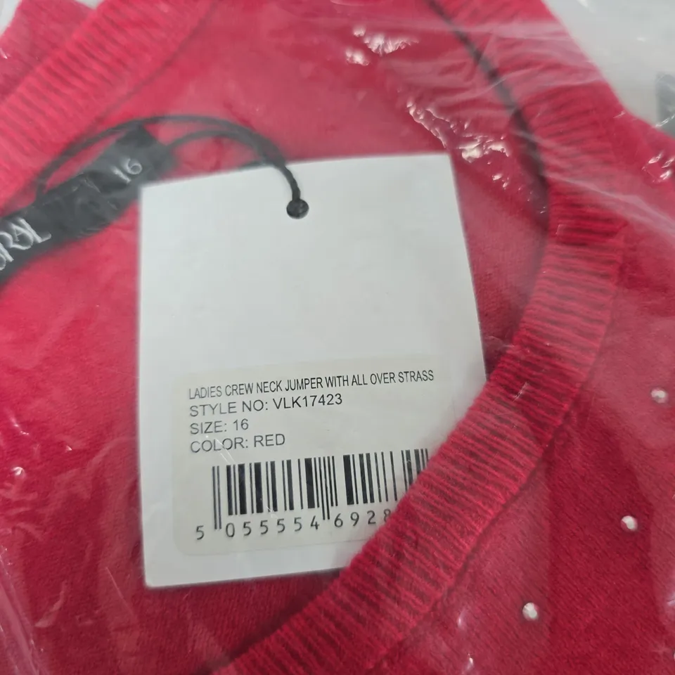 PURE & NATURAL LADIES CREW NECK JUMPER WITH ALL-OVER RHINESTONES – RED, UK SIZE 16