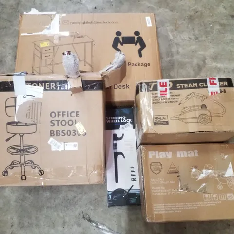 PALLET CONTAINING ASSORTED PRODUCTS INCLUDING OFFICE STOOL, STEERING WHEEL LOCK, PLAY MAT, STEAM CLEANER & COMPUTER DESK