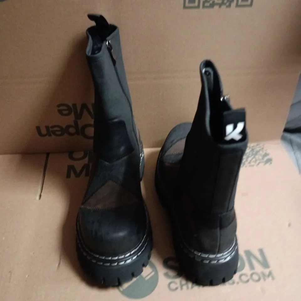 BOXED KO WOMEN'S LEATHER LOOK PATCHWORK KNEE-HIGH BOOTS – BLACK & BROWN, SIDE ZIP - 6