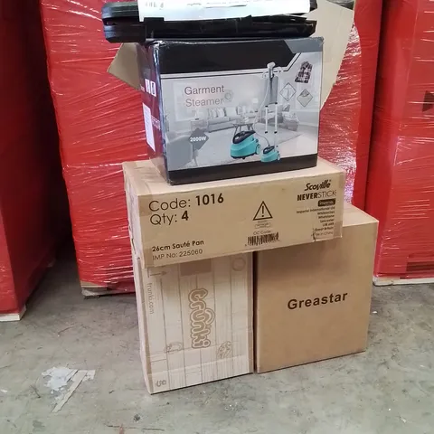 PALLET OF ASSORTED HOUSEHOLD GOODS AND PRODUCTS TO INCLUDE; GARMENT STEAMER, SAUTE PAN, GRILL SET, BOXED FURNITURE ETC