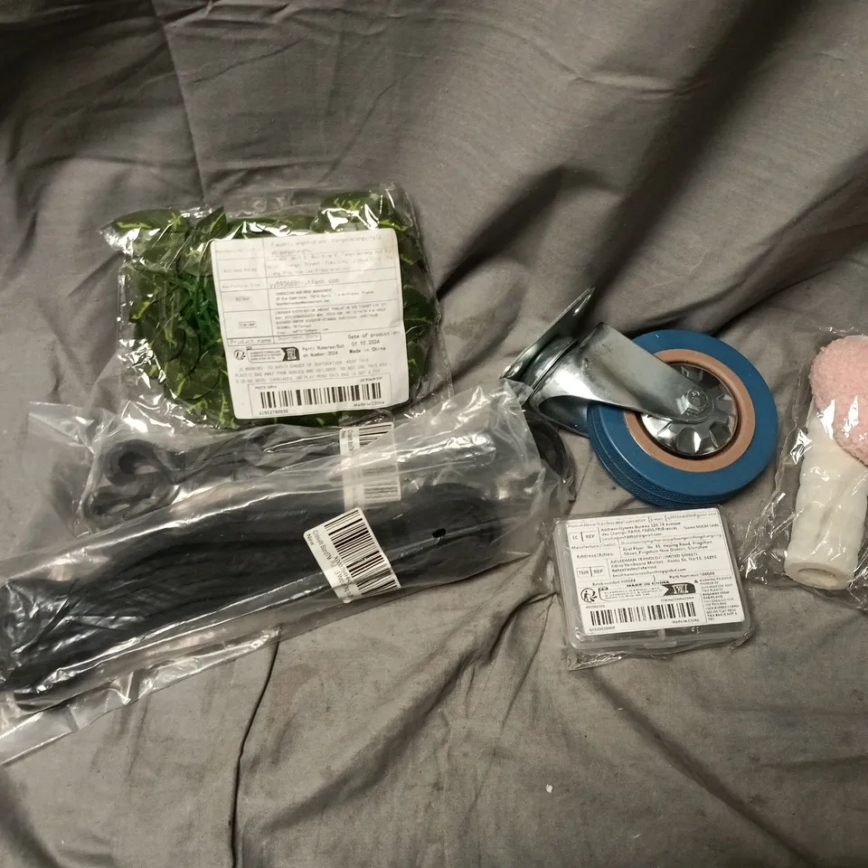 APPROXIMATELY 15 ASSORTED HOUSEHOLD ITEMS TO INCLUDE CROSSFIT BANDS, WHEELS, FAUX FOLIAGE DECOR, ETC