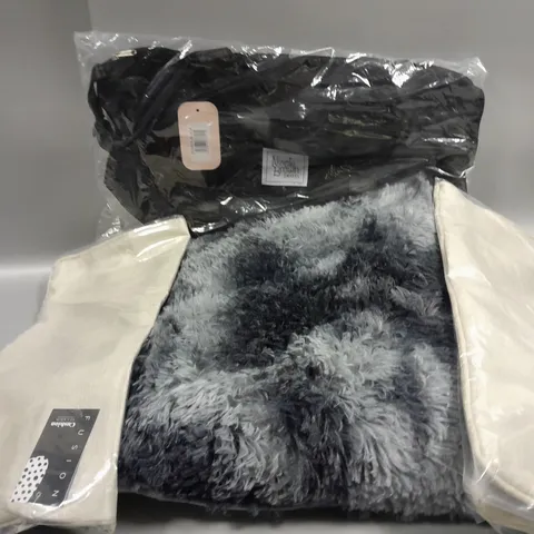 APPROXIMATELY 8 ASSORTED HOUSEHOLD ITEMS TO INCLUDE NICOLE BROWN TRAVEL BAG, FUSION CUSHION CASE, FAUX FUR FLOOR MAT, ETC