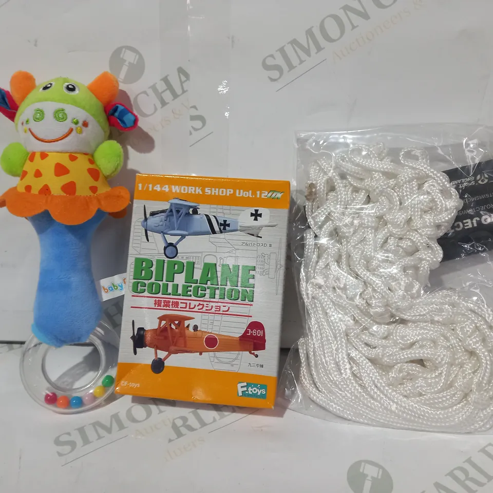 BOX OF APPROXIMATELY 20 ASSORTED TOYS AND GAMES TO INCLUDE PROJECT SWISH BASKETBALL NET, 1/144 WORK SHOP VOLUME 12 BIPLANE COLLECTION, BABYFANS RATTLE TOY, ETC