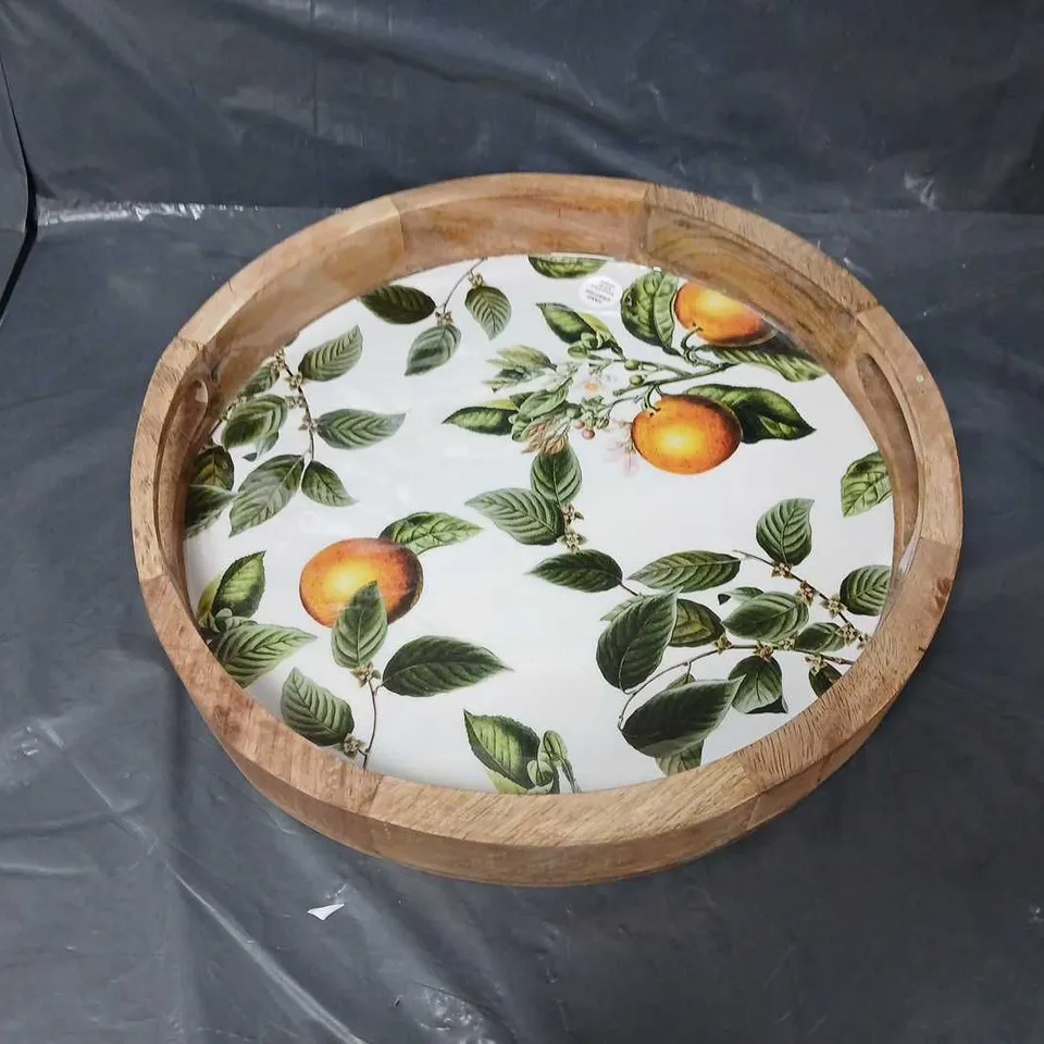VERY HOME ORANGE BLOSSOM MANGO WOOD ROUND SERVING TRAY