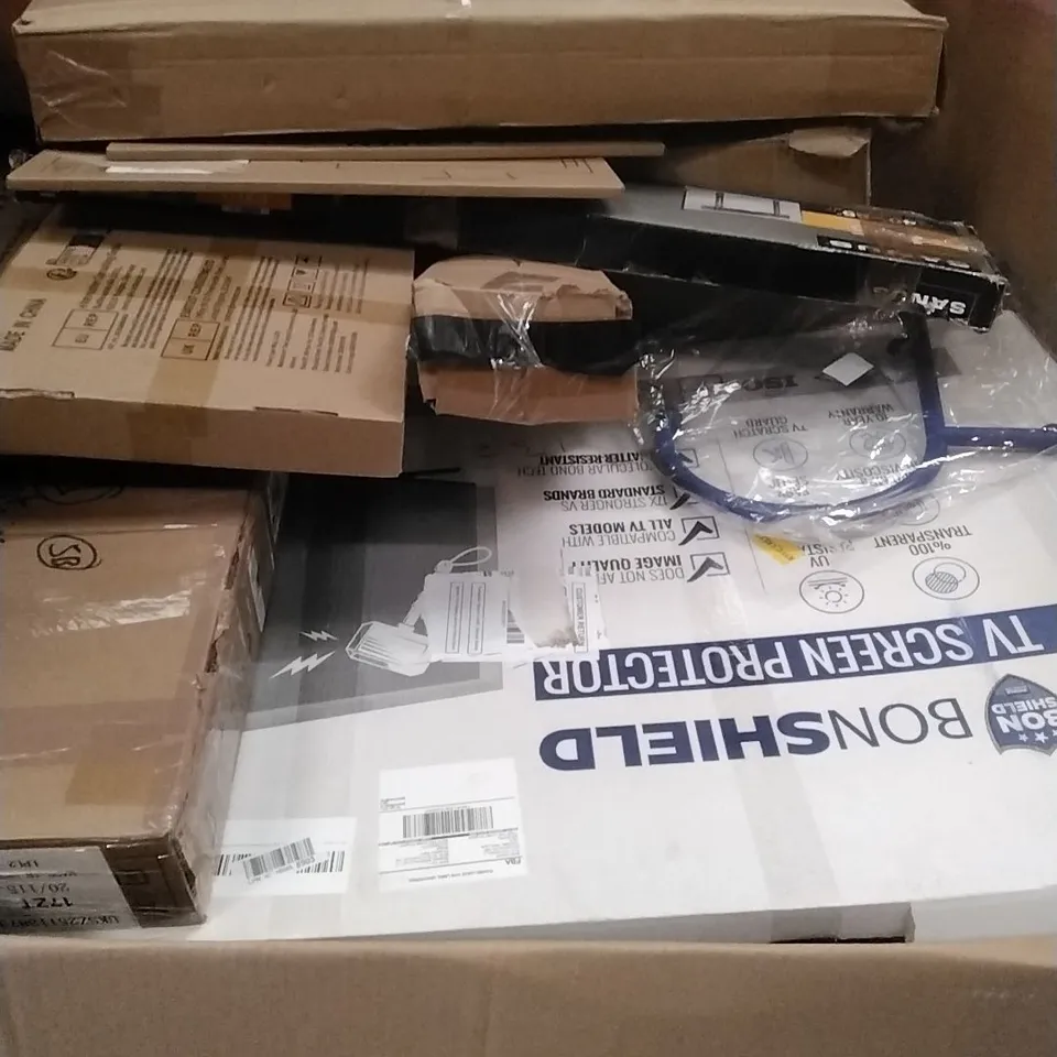 A PALLET CONTAINING ASSORTED HOUSEHOLD GOODS AND PRODUCTS TO INCLUDE; TV WALL MOUNT, TV SCREEN PROTECTOR, BOXED FURNITURE ETC