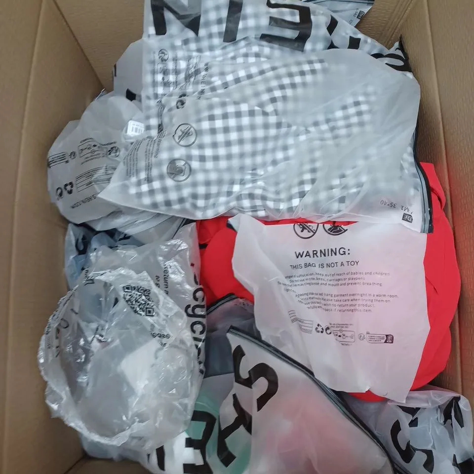 BOX OF APPROXIMATELY 22 ASSORTED CLOTHING ITEMS TO INCLUDE - BRA , SHIRT , TROUSERS ETC