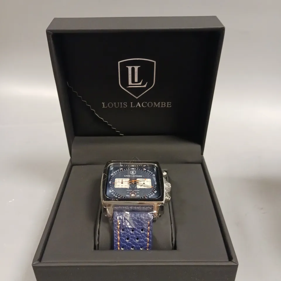 MENS LOUIS LACOMBE WATCH – SQUARE DIAL WITH WHITE SUB DIALS – LEATHER STRAP