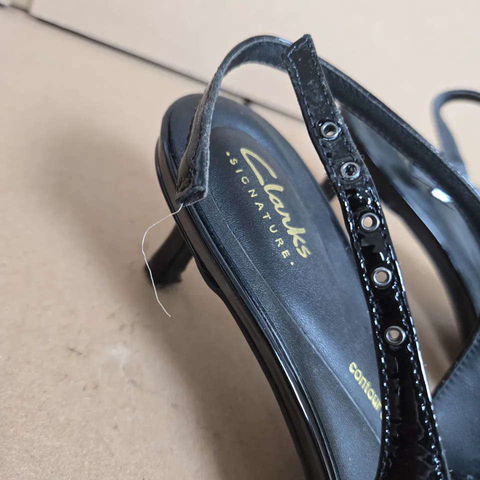 CLARKS SLING BACK POINTED TOE SANDALS BLACK PATENT SIZE6
