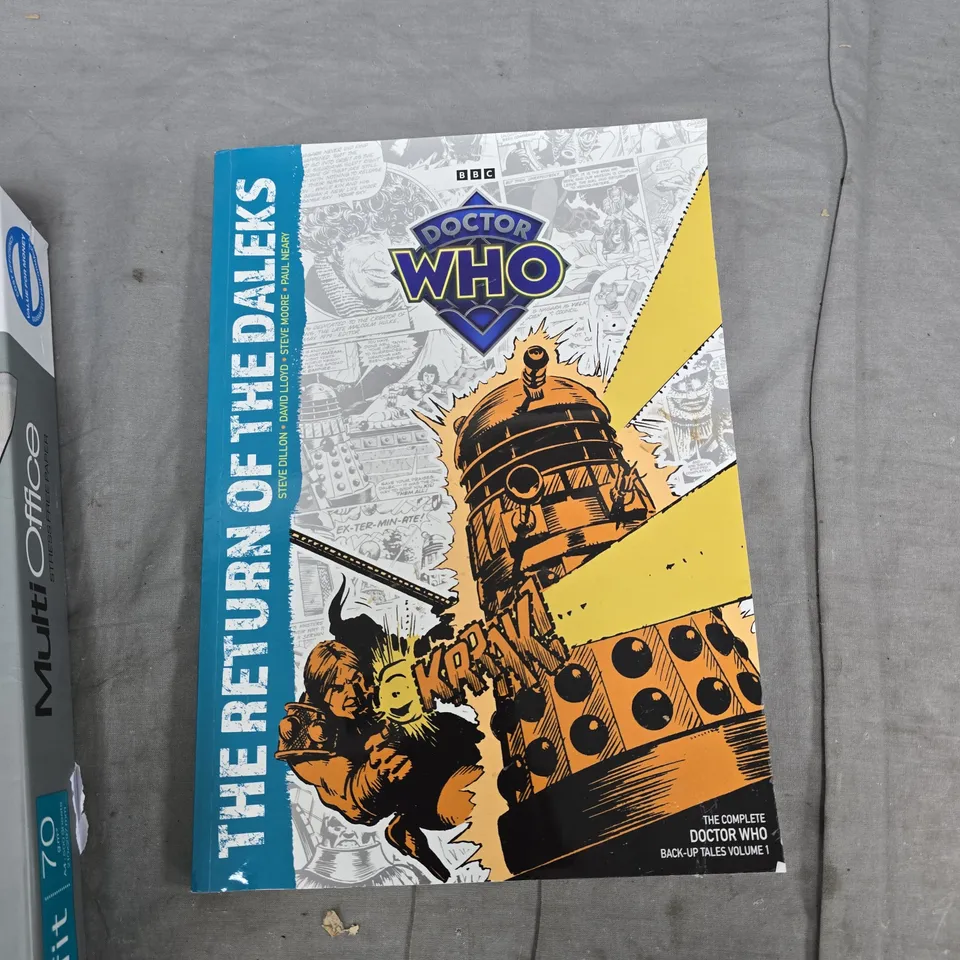 BOX OF APPROXIMATELY 25 ITEMS TO INCLUDE: A4 PAPER AND DOCTOR WHO COMIC