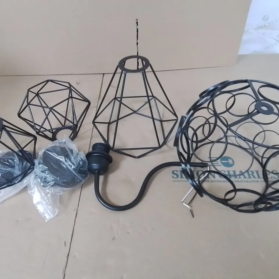 LOT OF 4 BLACK METAL HANGING CEILING LIGHTS AND SHADE