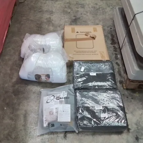 PALLET OF ASSORTED ITEMS INCLUDING: MIRROR, RUGS, BABY PILLOWS,DOG LIFTING SLING ECT