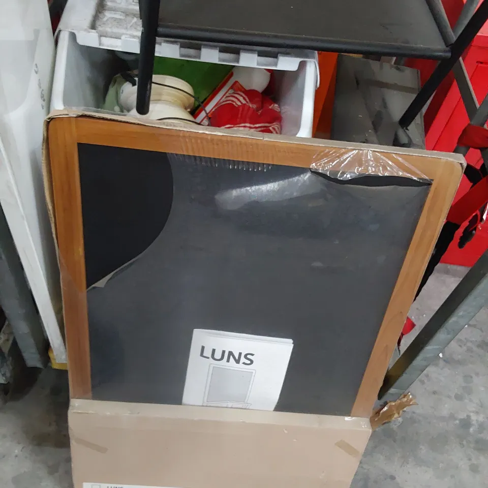 CAGE OF ASSORTED ITEMS INCLUDING, 3 TIER TROLLEY, TUB KITCHEN CLEANING ITEMS, CHALK BOARD, SHELVES,