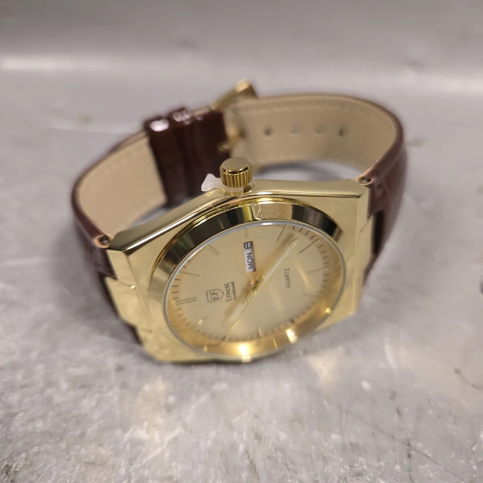 MENS ERNEST FERDINAND WATCH – DAY DATE CALENDAR DIAL – LEATHER STRAP 