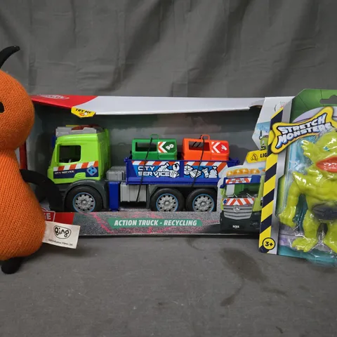 BOX OF APPROXIMATELY 15 ASSORTED TOYS AND GAMES TO INCLUDE BING PLUSH, ACTION TRUCK, STRECH MONSTER, ETC - COLLECTION ONLY