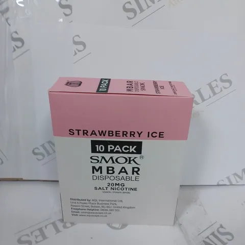 BOX OF APPROXIMATELY 10 BOXES OF STRAWBERRY ICE 10 PACK SMOK M BAR DISPOSABLE 20MG SALT NICOTINE