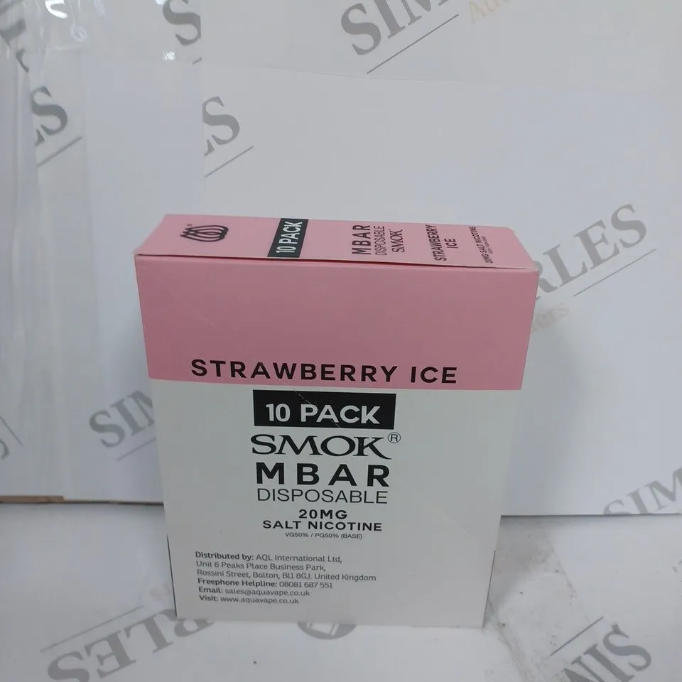 BOX OF APPROXIMATELY 10 BOXES OF STRAWBERRY ICE 10 PACK SMOK M BAR DISPOSABLE 20MG SALT NICOTINE