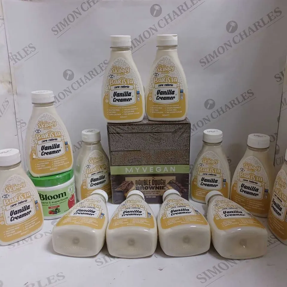 LOT OF 14 ITEMS TO INCLUDE 12 BARISTA NON DAIRY COFFEE CREAMER (425ML - VANILLA), MYVEGAN VEGAN DOUBLE DOUGH BROWNIE (12 PACK), BLOOM DIETARY SUPPLEMENT (BERRY - 163.2g)