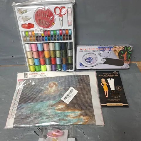 APPROXIMATELY 15 HOUSEHOLD ITEMS TO INCLUDE SEWING KIT, DIAMOND PAINTING AND PREMIUM BODY AND CLOTHING TAPE